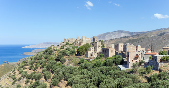 View of Vatheia village in Mani, known for its abandoned tower-houses, Peloponnese, Greece.