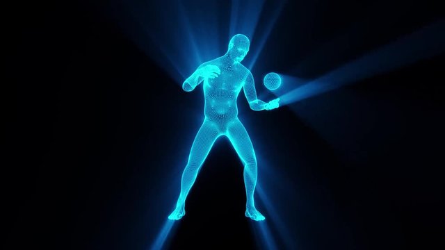 3D Blue Wireframe Man with Sphere & Light Rays Loop Graphic Element