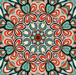 Round symmetrical pattern in red, blue and white colors. Mandala. Kaleidoscopic design.  Ethnic background.