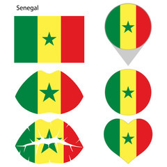 Flag of Senegal, set. Correct proportions, lips, imprint of kiss, map pointer, heart, icon. Abstract concept. Vector illustration on white background.