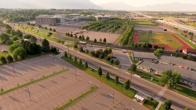 Aerial view of the Utah Valley University in Orem, Utah in the early morning as seen from the west side of campus