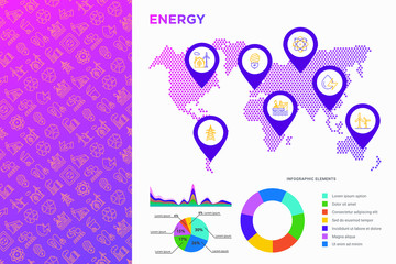 Energy infographics: map and pointers with thin line icons: factory, oil platform, hydropower, wind energy, power socket, radioactivity, garbage, oil rig. Vector illustration, web page template.