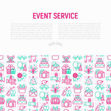 Event services concept with thin line icons: kids party, gifts, birthday, magician, clown, videographer, party invitation, corporate, fireworks, celebration. Vector illustration, print media template.
