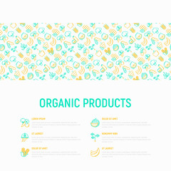Organic products concept with thin line icons set: corn, peas, raw cafe, broccoli, grapes, sprouts, seaweed, watermelon, bananas, fresh juice. strawberry. Modern vector illustration for vegetable shop