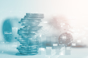 Double exposure coins with alarm clock and city background, finance and business background concept