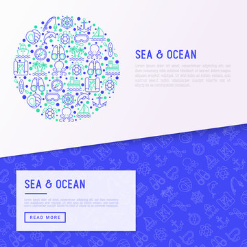 Sea and ocean journey concept in circle with thin line icons: sailboat, fishing, ship, oysters, anchor, octopus, compass, steering wheel, snorkel,. Vector illustration.