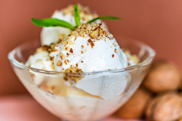 Vanilla ice cream in bowl and walnuts