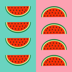 Watermelon fruit icon set. Red slice with seeds in a row. Cut half. Healthy lifestyle food. Flat lay design. Pastel bright color. Top air view. Pink Green background. Isolated.