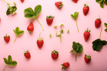 Strawberry, leaves and flowers on pink background