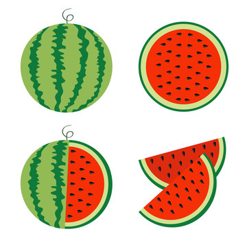 Watermelon icon set. Whole ripe green stem. Slice cut half seeds. Green Red round fruit berry flesh peel. Natural healthy food. Sweet water melon. Tropical fruits. White background. Isolated.