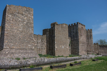 Fototapeta na wymiar Wall, moat and towers of Smederevo Fortress is a medieval fortified city in Smederevo, Serbia, which was temporary capital of Serbia in the Middle Ages.