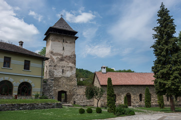 Fototapeta premium Entrance tower of Studenica monastery, 12th-century Serbian orthodox monastery located near city of Kraljevo, Serbia