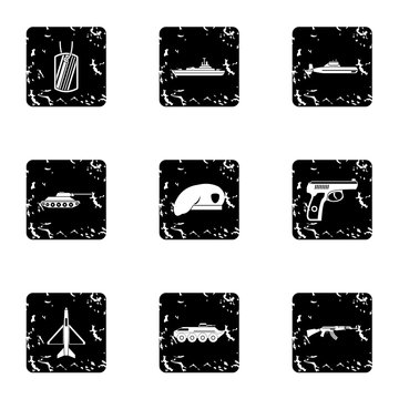 Military defense icons set. Grunge illustration of 9 military defense vector icons for web