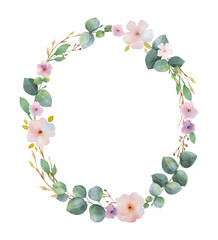 Watercolor vector wreath with green eucalyptus leaves, pink flowers and branches.