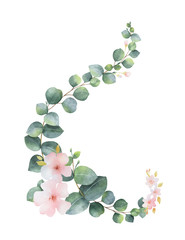 Watercolor vector wreath with green eucalyptus leaves, pink flowers and branches.