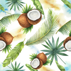 Aquarel vector naadloze patroon van kokos- en palmbomen geïsoleerd op een witte achtergrond.