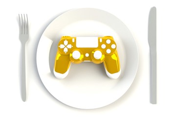 Yellow joystick on plate, knife and fork on white table background, Computer game competition, Gaming concept, 3D rendering
