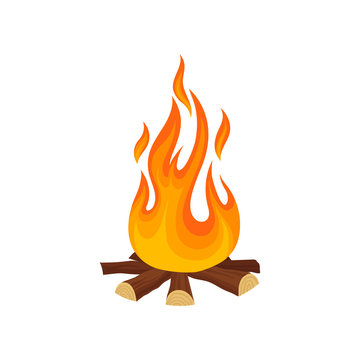 Cartoon icon of bonfire campfire. Tree logs and hot flame. game. Detailed flat vector illustration