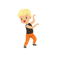 Cute blonde little boy dancing in casual clothes vector Illustration on a white background