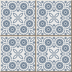 Ceramic tile pattern blue round curve cross frame dot line flower