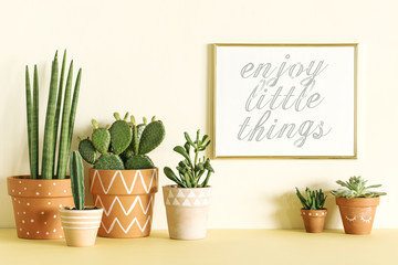 Stylish and modern composition of yellow interior filled a lot of cacti and succulents in different pattern pots with gold mock up frame. 