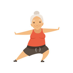 Fototapeta na wymiar Grey senior woman doing sports, grandmother character doing morning exercises or therapeutic gymnastics, active and healthy lifestyle vector Illustration on a white background