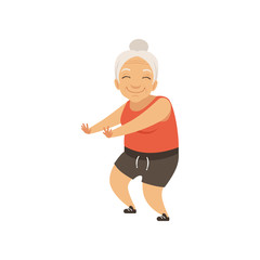 Fototapeta na wymiar Grey senior woman in sports uniform doing squats, grandmother character doing morning exercises or therapeutic gymnastics, active and healthy lifestyle vector Illustration on a white background