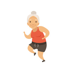 Grey senior woman running in sports uniform, grandmother character doing morning exercises or therapeutic gymnastics, active and healthy lifestyle vector Illustration