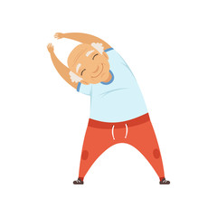 Senior man doing sport exercise, incline to side, grandmother character doing morning exercises or therapeutic gymnastics, active and healthy lifestyle vector Illustration