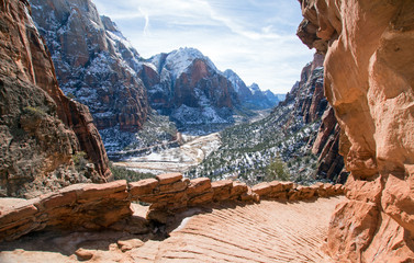 View of Angels Landing Hiking Trail in Zion National Park in Utah United States