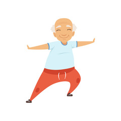 Fototapeta na wymiar Senior man doing sports, grandmother character doing morning exercises or therapeutic gymnastics, active and healthy lifestyle vector Illustration on a white background