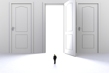 Fototapeta premium Success concept with businessman, Image of miniature businessman standing in front of open white door on white wall background, 3D rendering