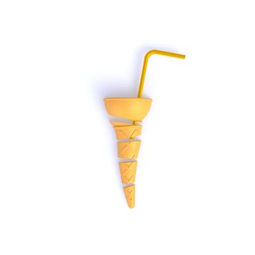 Ice cream cone sliced with white drinking straws abstract minimal white background, Food concept, 3d rendering