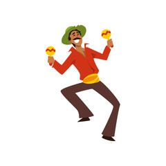 Young man dancing with maracas at Brazil carnival, male dancer in bright festive costume vector Illustration on a white background