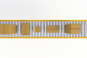Top view empty cardboard box on yellow conveyor line isolated on a white background, Delivery concept, 3d rendering