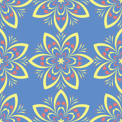 Floral seamless pattern. Blue background with colored flower elements