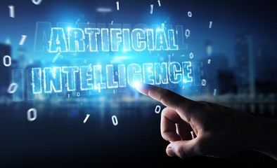 Businessman using digital artificial intelligence text hologram 3D rendering