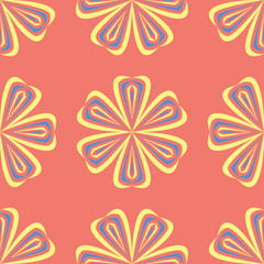 Flower design seamless pattern. Bright yellow and blue flower elements on salmon red background