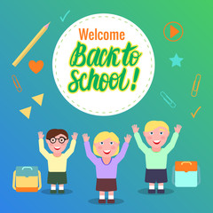 Welcome Back to school Vector Card. Cartoon girl and boys.