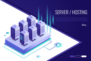Isometric design concept of landing page suggesting to buy or rent a servers and hosting