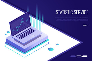Analysis data and Investment. Business success.Financial review with laptop and infographic elements. 3d isometric style