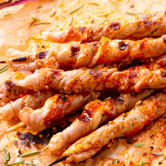 Fresh and crispy rustic pork belly grill sticks