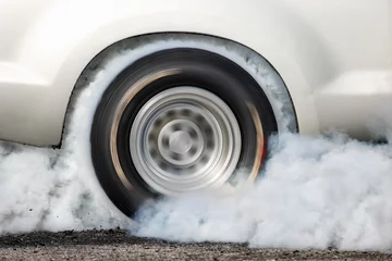 Muurstickers Drag racing car burn tire at start line © toa555