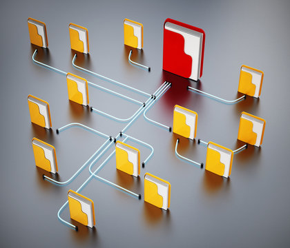 Folders connected to each other in a network. 3D illustration