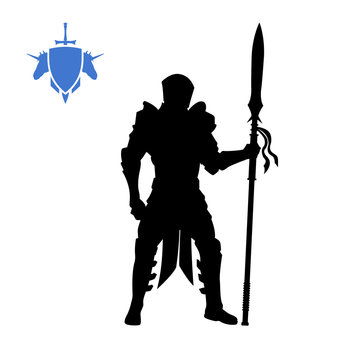 Black silhouette of medieval knight with spear . Fantasy character. Games icon of paladin with weapon. Isolated drawing of warrior