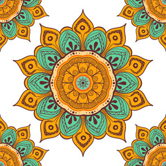 Flower mandala colorful background for cards, prints, textile and coloring books. Seamless pattern