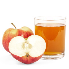 red apple cut apple juice in glass and fresh apples on a white background