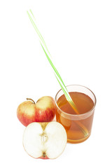 red apple cut apple juice in glass and fresh apples on a white background
