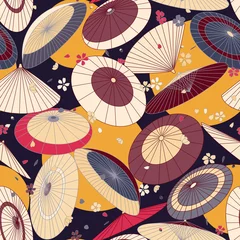 Tapeten Japanischer Stil viele japanische traditionelle Regenschirme und Kirschblütenmuster. Heller, farbiger Sommer, Frühling Asiatischer traditioneller Druck.