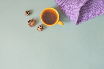 Flat lay cozy background/ Cup of tea, fluffy scarf and pine cones. Cozy winter photo. Mockup, free space for text
